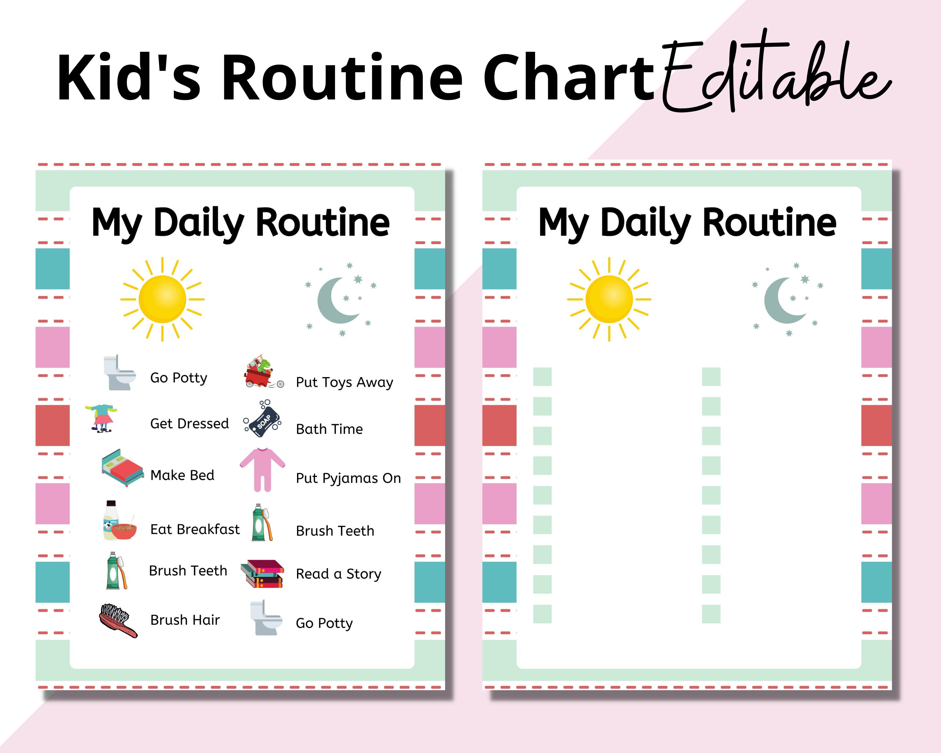 Kids Morning Routine Chart Printable Fillable Editable Etsy Images