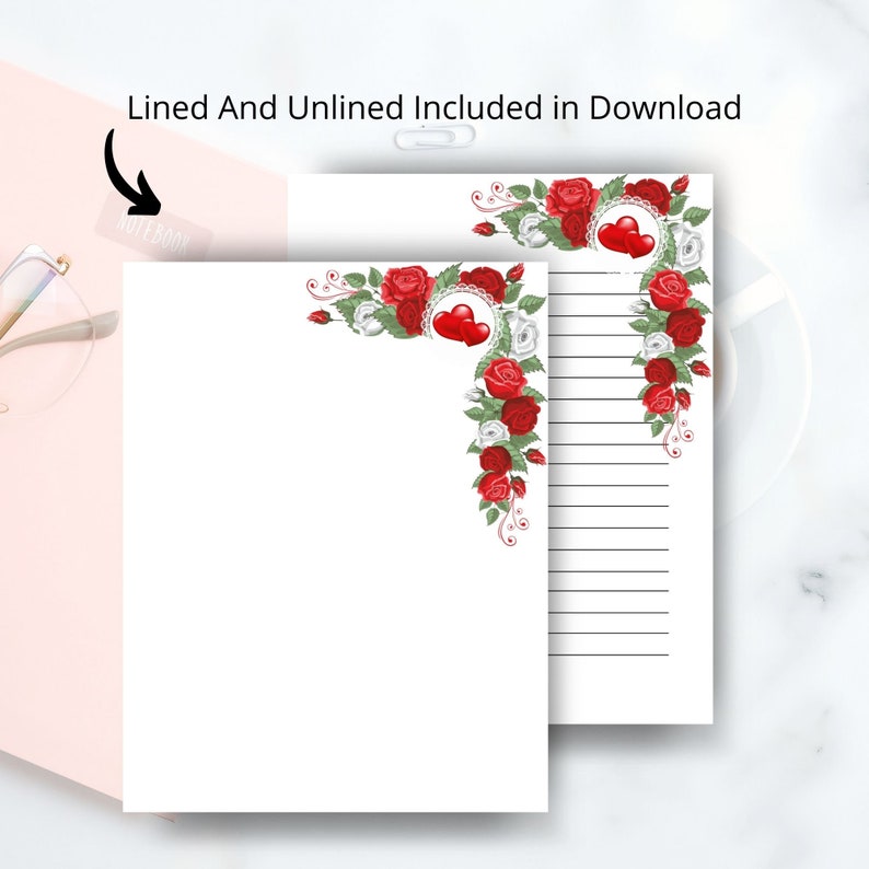 Red Roses Floral Printable Stationery Roses Stationary set Etsy