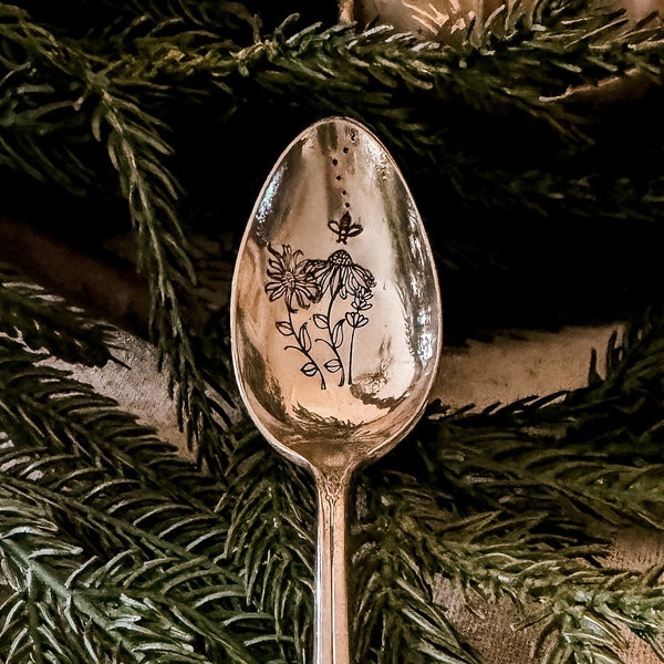 Wildflower Hand Stamped Vintage Silverware, Mother's Day Gift, Tea Party, Tea Lover, Coffee Spoon, Birthday, Personalized Gift