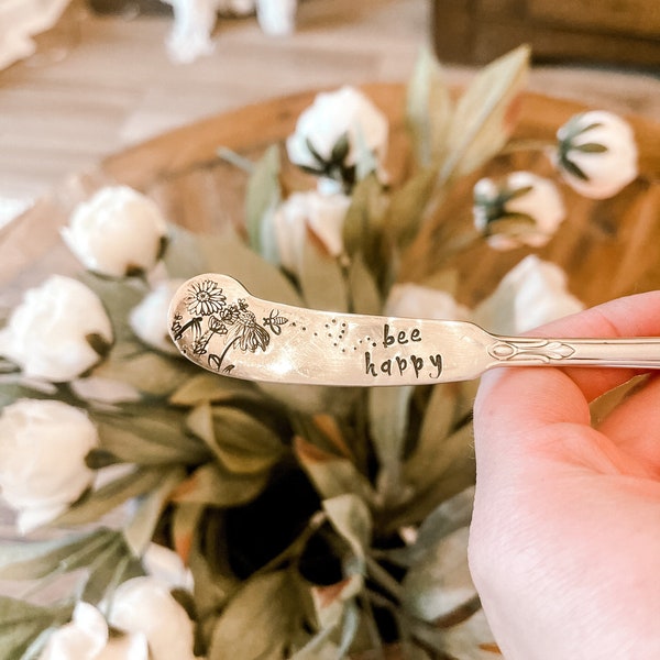 Bee Happy Hand Stamped Vintage Silverware, Mother's Day Gift, Tea Party, Tea Lover, Jam/Butter Spreader, Cheese Knife, Birthday