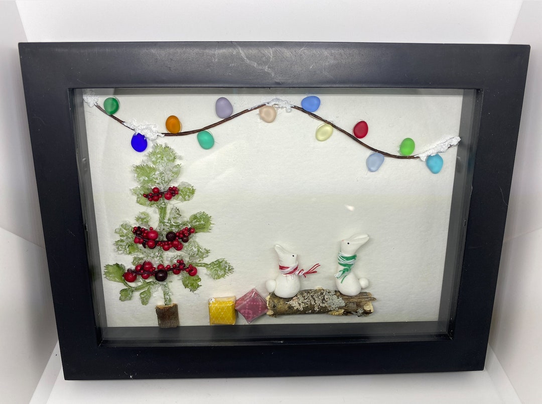 Sea Glass Art Christmas Lights and Clay Bunnies Under the Tree Etsy