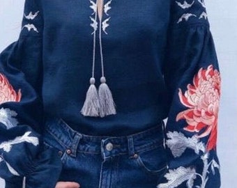 Ukrainian Vyshyvanka - Embroidered Blouse for Women on a Dark Blue Homespun Cloth