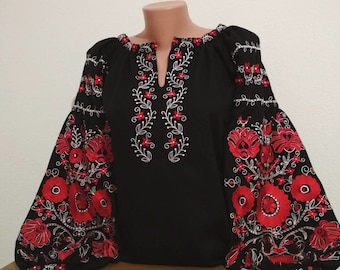 Ukrainian Vyshyvanka - Embroidered Blouse for Women on a Black Homespun Cloth