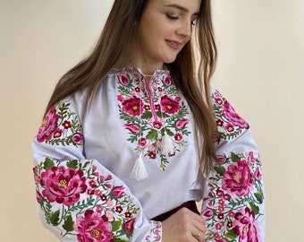 Ukrainian Vyshyvanka - Embroidered Blouse for Women on a White Homespun Cloth