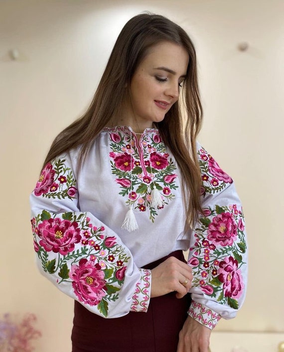 Ukrainian Vyshyvanka - Embroidered Blouse for Women on a White Homespun Cloth