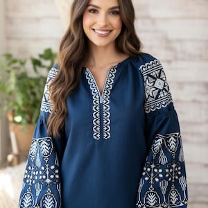 Ukrainian Vyshyvanka - Embroidered Blouse for Women on a Dark Blue Homespun Cloth