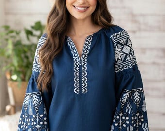 Ukrainian Vyshyvanka - Embroidered Blouse for Women on a Dark Blue Homespun Cloth