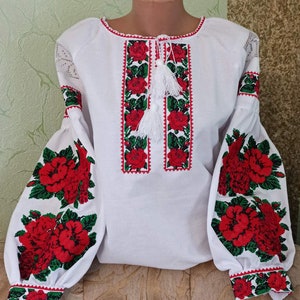 Ukrainian Vyshyvanka - Embroidered Blouse for Women on a White Homespun Cloth - Ethnic Style Cross Stitch Embroidered Blouse