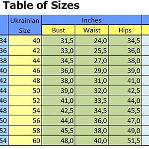 May include: A table showing size conversions for clothing in US, EU, and Ukrainian sizes. The table includes measurements in inches and centimeters for bust, waist, and hips.