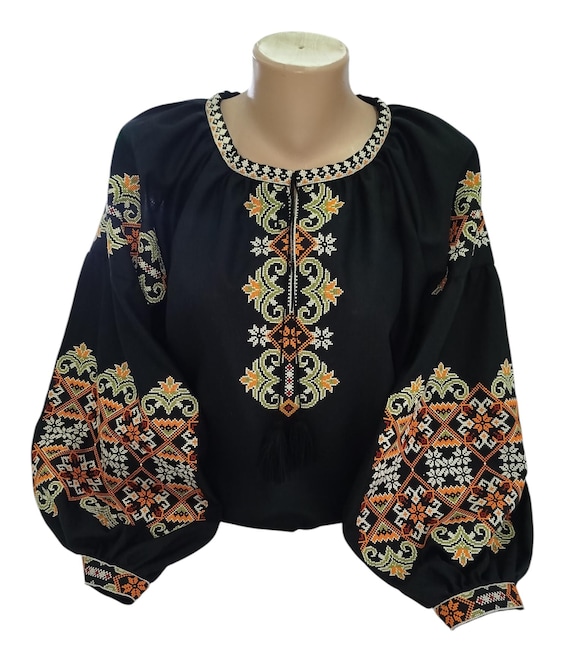 Black Ukrainian Vyshyvanka Blouse for Women – Machine Cross-Stitch Embroidery, Boho Folk Peasant Top, Traditional Slavic Blouse