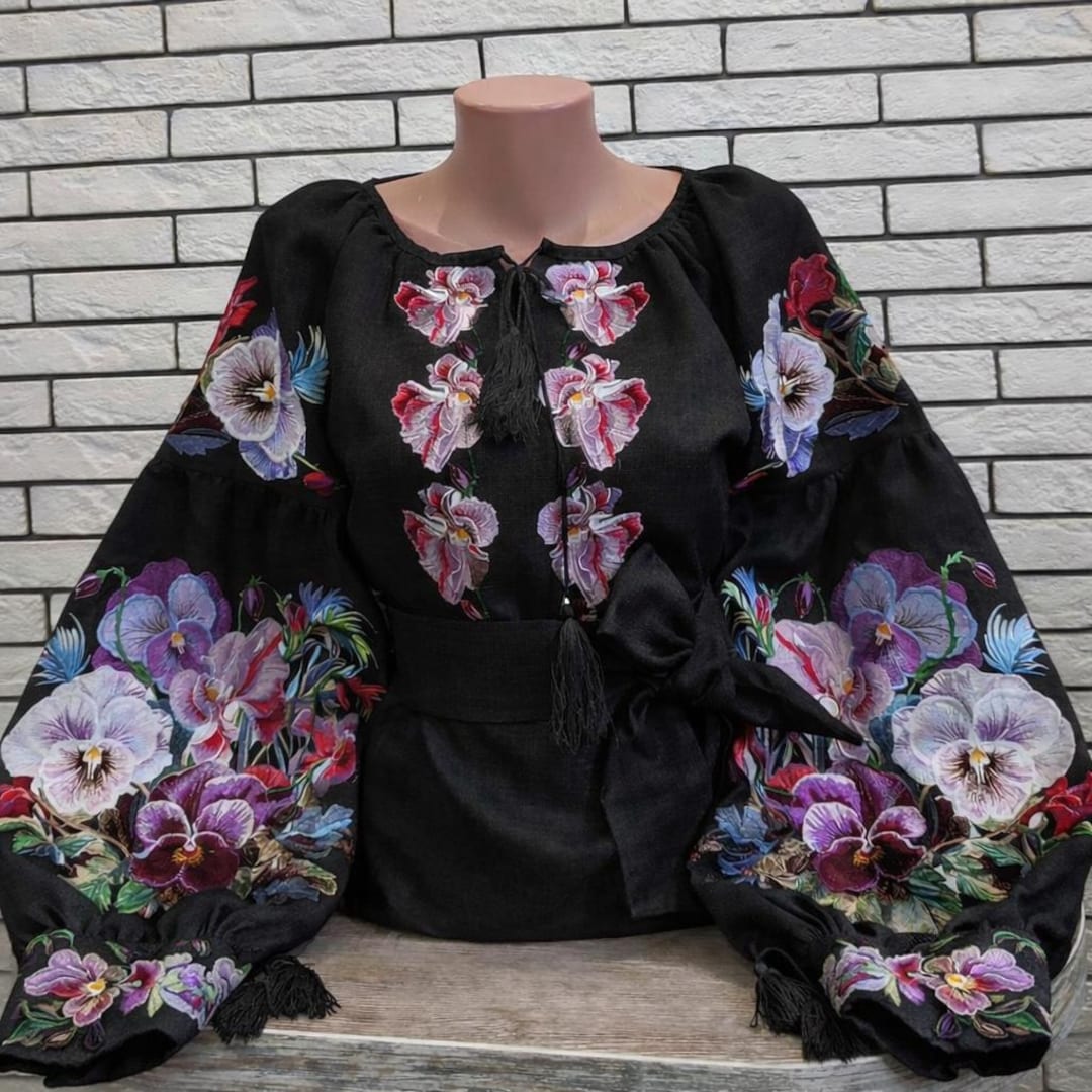 Ukrainian Vyshyvanka - Traditional Ukrainian Embroidery Blous - Embroidered Blouse for Women on a Black Homespun Cloth