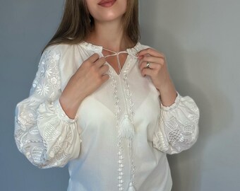 Ukrainian Vyshyvanka - Embroidered Blouse for Women on a White Homespun Cloth