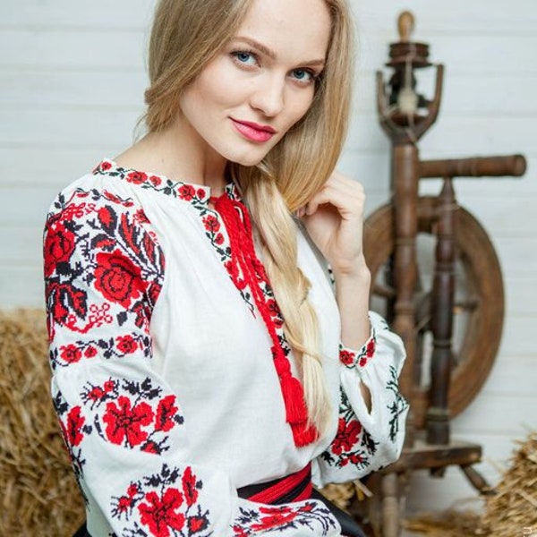 Ukrainian Vyshyvanka - Embroidered Blouse for Women on a White Homespun Cloth