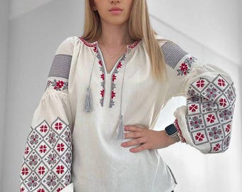 Ukrainian Vyshyvanka - Embroidered Blouse for Women on a White Homespun Cloth