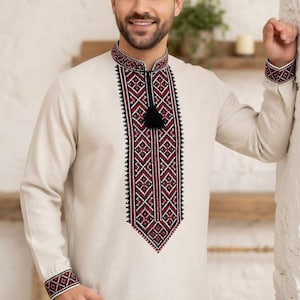 Men’s Ukrainian Vyshyvanka | Handmade Cross-Stitch Embroidered Shirt | Natural Homespun Linen-Cotton Blend | Red and Black Geometric Pattern