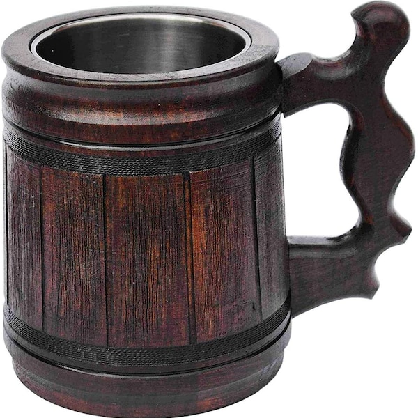 Handmade Wood Mug 10 oz (0.3L) Wood Carving Beer Mug of Wood Great Beer Gift Ideas for Men Classic Brown