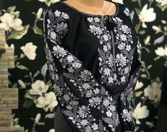 Ukrainian Vyshyvanka - Embroidered Blouse for Women on a Black Homespun Cloth