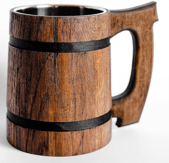 Viking Handmade Wood Mug 20 oz (0.6L) Wood Carving Beer Mug of Wood Great Beer Gift Ideas for Men Classic Brown