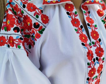 May include: White blouse with red floral embroidery on the collar, sleeves, and front. The embroidery features red flowers, green leaves, and accents of black, blue, and yellow. The sleeves are long and slightly puffed.