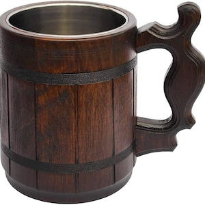 Handmade Wood Mug 20 oz (0.6L) Wood Carving Beer Mug of Wood Great Beer Gift Ideas for Men Classic Brown