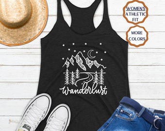 Wanderlust Boho Tank Top, Cute Travel Shirt Crescent Moon Star Hiking Top Adventure Awaits Clothing