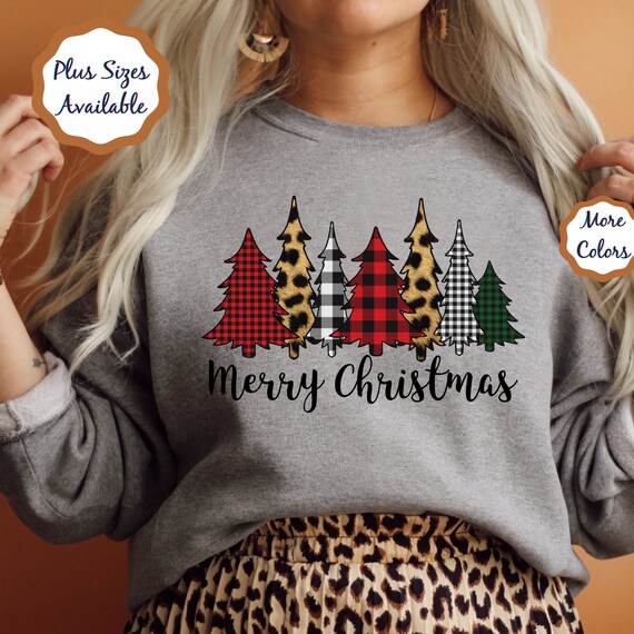 CarpeDiemTShirts Merry Christmas Sweatshirt Leopard Cheetah Christmas Shirt, Plaid Xmas Crewneck