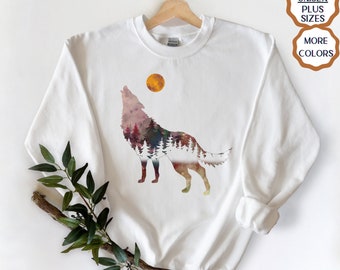 Mond Howling Wolf Geschenk Frau Sweatshirt, Wolf Shirt, Natur T-Shirt, Wölfe Liebhaber, Frauen Hoodie Camping Pullover