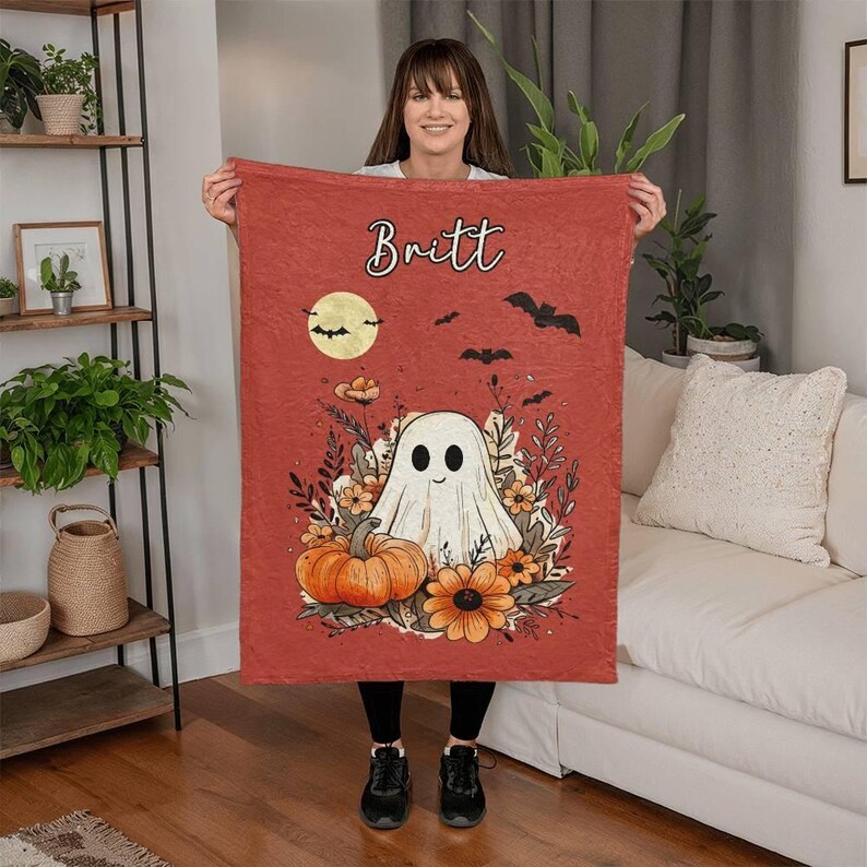 Vintage Halloween Blanket Gift for Teen Girl Cute Ghost Mink Sherpa