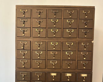 Vintage Wooden Library Card Catalog with drawers, pulls and label holders