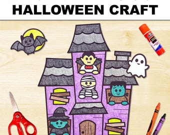 May include: A Halloween craft project featuring a purple haunted house with cartoon characters in the windows. The image includes a bat, ghost, pumpkin, scissors, glue stick, and crayons. Text at the top reads "HAUNTED HOUSE HALLOWEEN CRAFT."