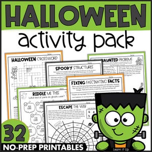 Könnte beinhalten: Ein Halloween-Aktivitätspaket mit dem Titel "HALLOWEEN activity pack" in Schwarz auf grünem Hintergrund. Das Paket enthält ausdruckbare Arbeitsblätter, eine Frankenstein-Grafik und den Text "NO-PREP PRINTABLES".