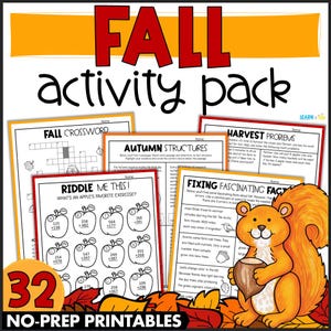 Puede incluir: Un colorido paquete de actividades de otoño con las palabras "FALL activity pack" en la parte superior. El paquete incluye hojas de trabajo con títulos como "Fall Crossword", "Autumn Structures" y "Harvest Problems". Un dibujo animado de una ardilla sosteniendo una nuez está a la derecha. El paquete contiene 32 imprimibles sin preparación.