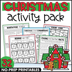 Pode incluir: Um pacote de atividades de Natal imprimível com 32 folhas de trabalho sem preparação. As folhas de trabalho incluem atividades como resolver problemas matemáticos, colorir por código e enigmas. O pacote também inclui uma ilustração de uma casa de gengibre com tema natalino.