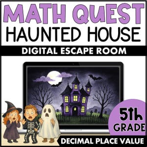 May include: A digital escape room on a laptop screen with a haunted house theme. The text at the top reads "MATH QUEST HAUNTED HOUSE DIGITAL ESCAPE ROOM". The image includes a purple haunted house, bats, and a moon. Three cartoon characters are in the foreground.
