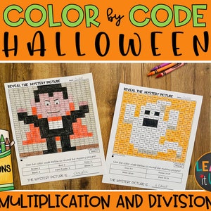 May include: Two printable Halloween-themed color by code worksheets featuring a Dracula and a ghost. The worksheets include a color code and multiplication and division problems to solve. The text "Learn it up" is visible in the bottom right corner.