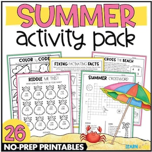 May include: A colorful summer activity pack with the text "SUMMER activity pack" in pink and black. The pack includes 26 no-prep printables with various summer-themed games and puzzles, such as crosswords and riddles.