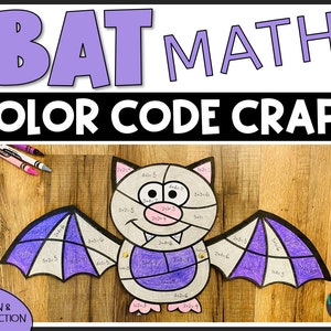 Puede incluir: Una manualidad imprimible en forma de murciélago para colorear por números para que los niños practiquen las habilidades matemáticas de suma y resta. El murciélago es gris con alas moradas y tiene una cara amigable. La manualidad incluye problemas simples de suma y resta que los niños pueden resolver y codificar por colores.