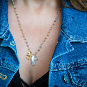 Pearl and Rainbow Moonstone Gold Necklace