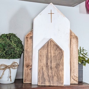 Rustic Wooden Church, Easter Decorations, Farmhouse Shelf Decor, Little White Chapel, Spring Mantel, Small Christian Sign, Gift for Easter