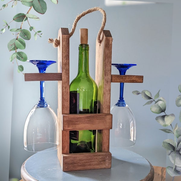 Wooden Wine Bottle and Glass Carrier with Rope Handle, Wine Bottle and Glass Caddy Holder, Wine Themed Wedding Gift, House Warming present