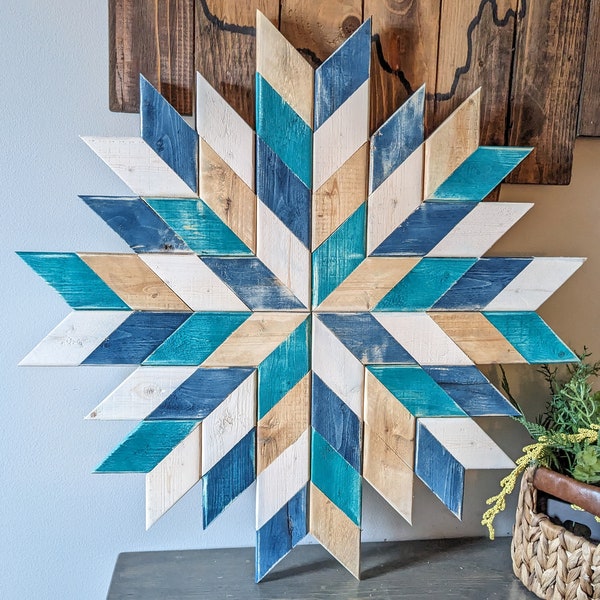 Wooden Barn Quilt Star, Beach Vibes Mosaic Wood Wall Art, Lake House Coastal Decor, Nautical Beach House, Barn Quilt for Outdoors