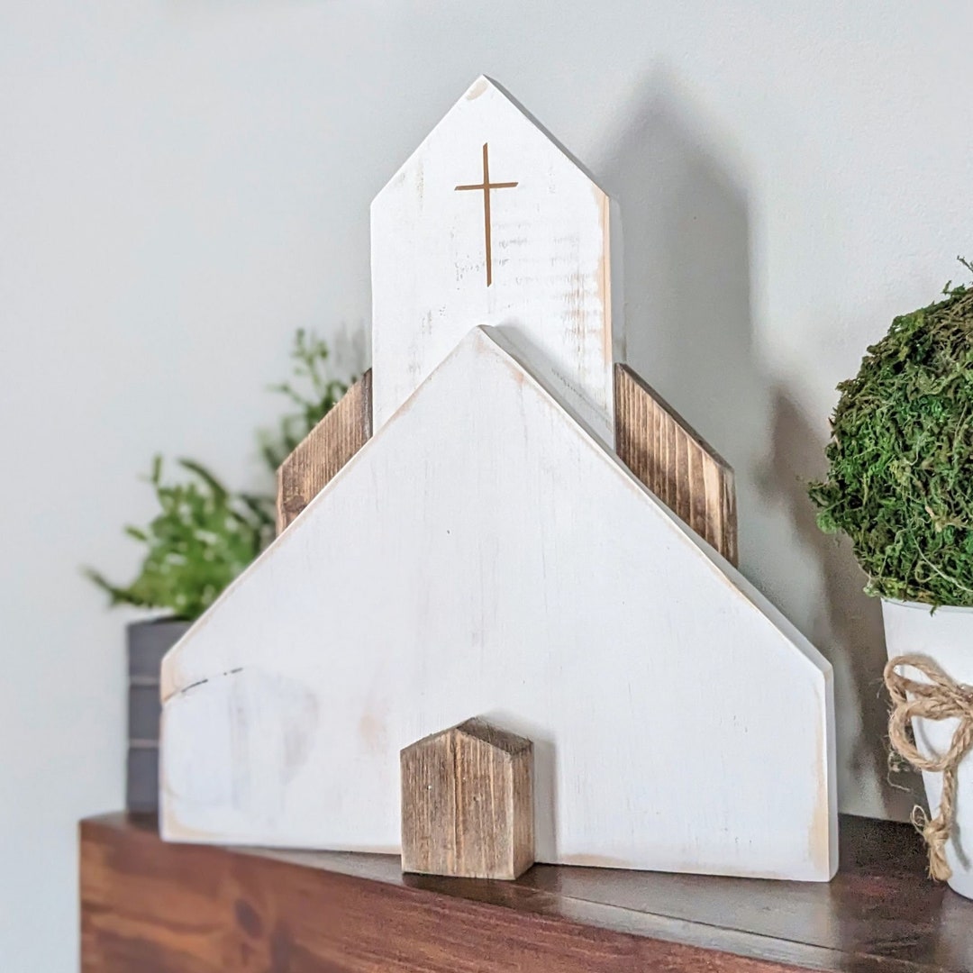 Rustic Church Merch Rustic Wooden Church, Farmhouse Shelf Decor, Little White Chapel ...