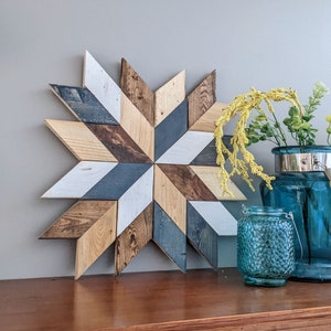Wooden Barn Star Pattern, Wood Quilt Star, Mosaic Wood Wall Art, Farmhouse Decor for Living Room, Fireplace Mantle, Unique Housewarming Gift