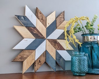 Wooden Barn Star Pattern, Wood Quilt Star, Mosaic Wood Wall Art, Farmhouse Decor for Living Room, Fireplace Mantle, Unique Housewarming Gift