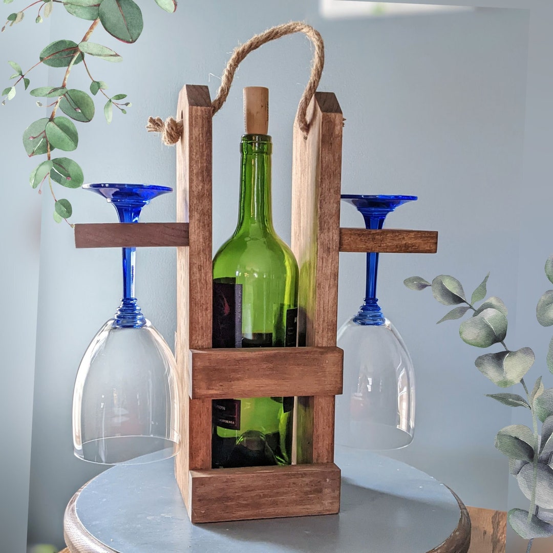 Wooden Wine Bottle and Glass Carrier With Rope Handle, Wine Bottle and
