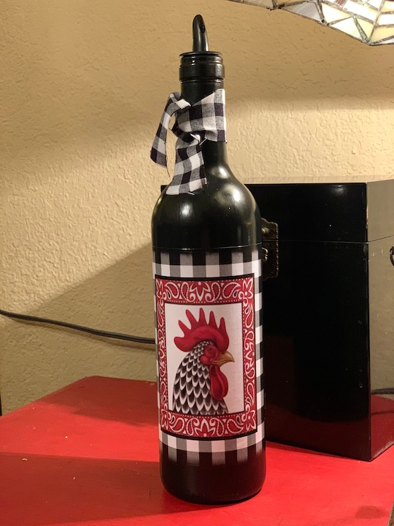 Beautiful kitchen Decor Rooster with Buffalo Check. Unique Olive Oil or Dish Soap Dispenser