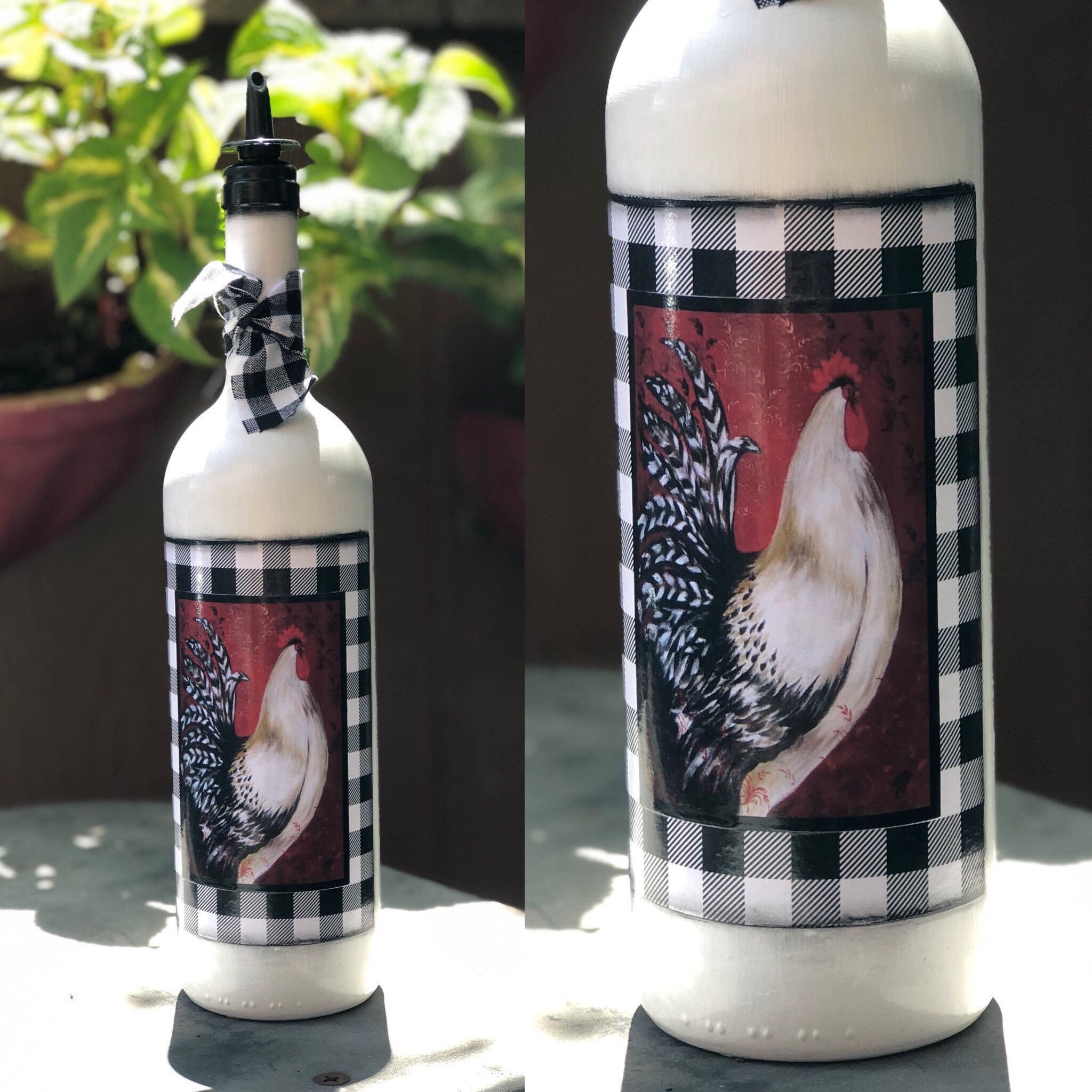 Beautiful kitchen Decor Rooster with Buffalo Check. Unique Olive Oil or Dish Soap Dispenser