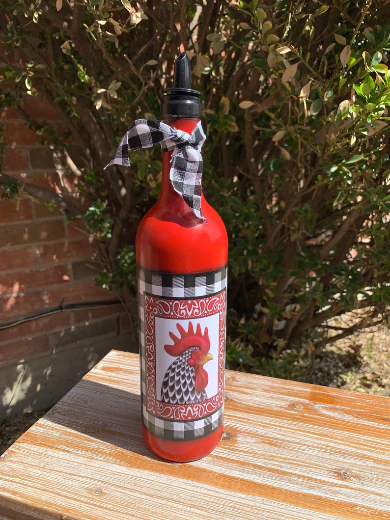 Beautiful kitchen Decor Rooster with Buffalo Check. Unique Olive Oil or Dish Soap Dispenser