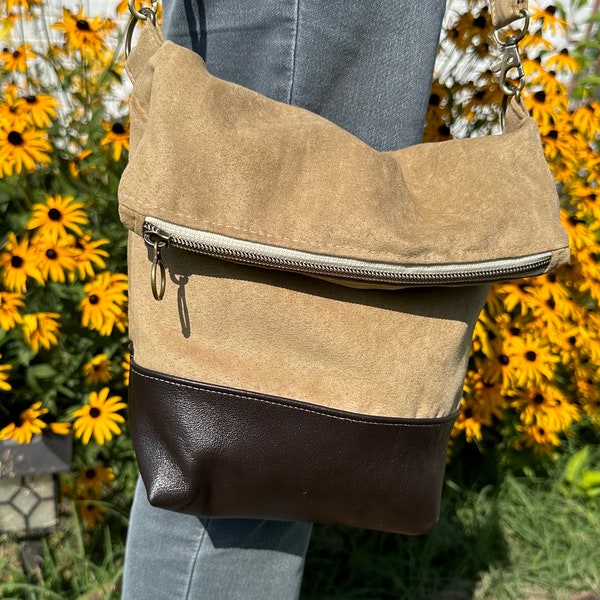 Small Faux Suede Crossbody Bag with Leather Bottom