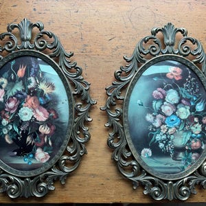 Vintage Italian Floral Wall Art | Pair of Ornate Oval Framed Prints